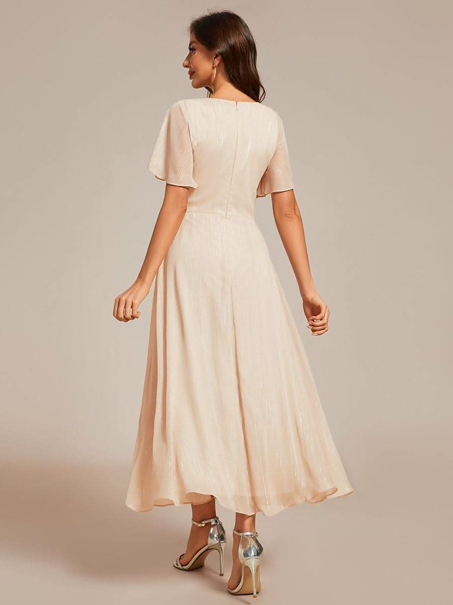 Silver Metallic Fabric V-Neck A-Line Dress featuring Delicate Ruffled Hem #color_Champagne