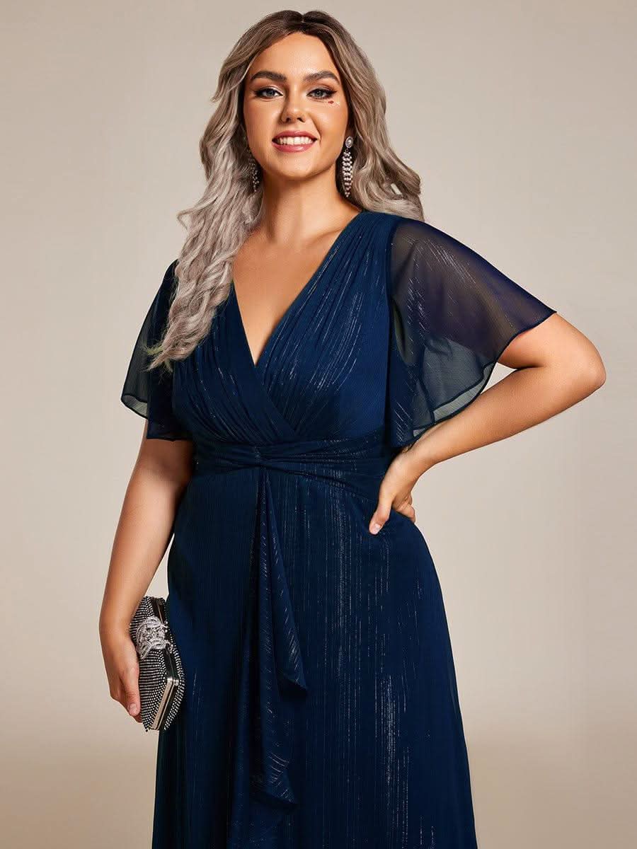 Glitter Twist Knot See-Through Long Sleeve Wedding Guest Dress #color_Navy Blue