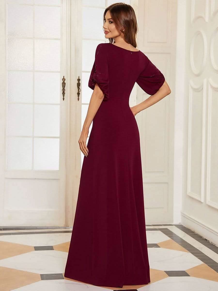 Trendy Round Neck Long Bodycon Evening Dress with Sleeves #color_Burgundy