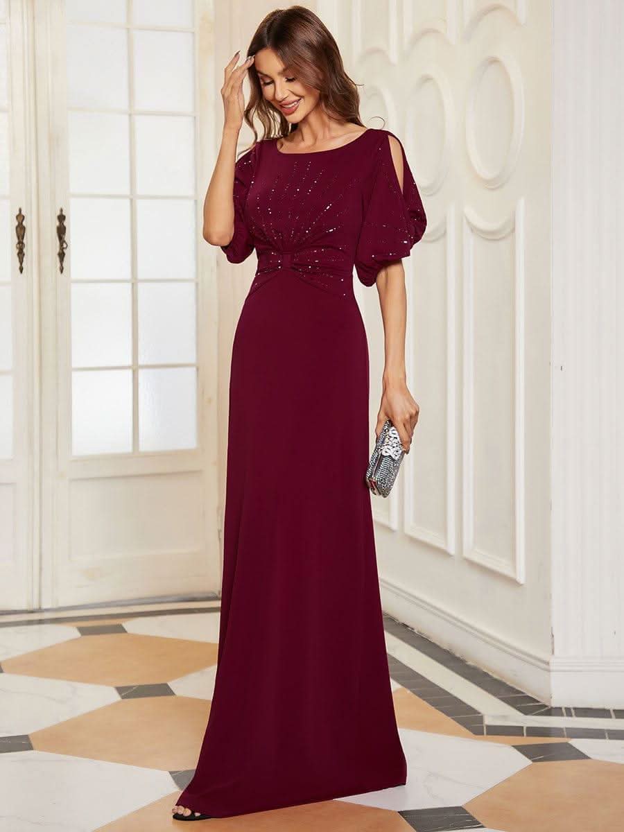 Trendy Round Neck Long Bodycon Evening Dress with Sleeves #color_Burgundy