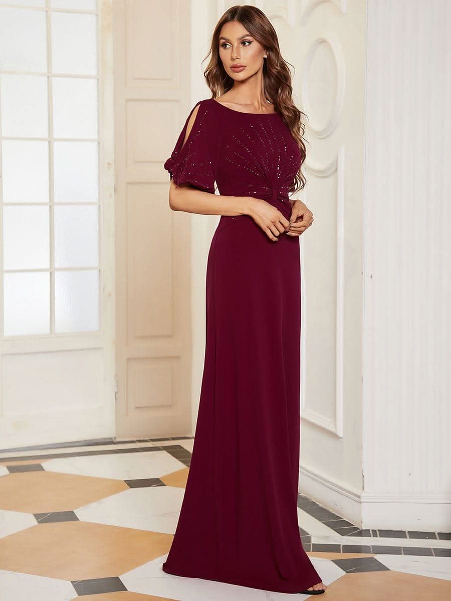 Trendy Round Neck Long Bodycon Evening Dress with Sleeves #color_Burgundy