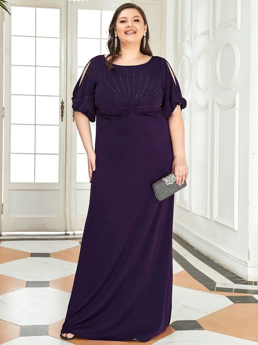 Trendy Round Neck Long Bodycon Evening Dress with Sleeves #color_Dark Purple