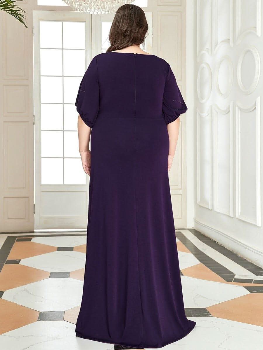 Trendy Round Neck Long Bodycon Evening Dress with Sleeves #color_Dark Purple