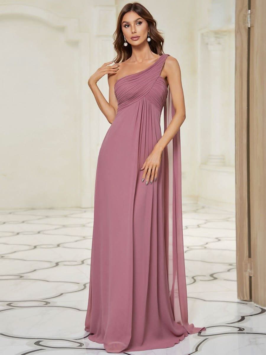 One Shoulder Pleated Chiffion Bridesmaid Sleeves #color_Purple Orchid