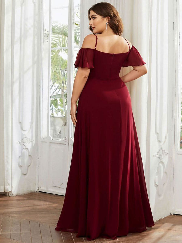 Stylish Cold Shoulder Flare Sleeves Flowy Bridesmaid Dress #color_Golden Roses ever REYA|Cold Shoulder High Slit Chiffon Wedding Guest Dress