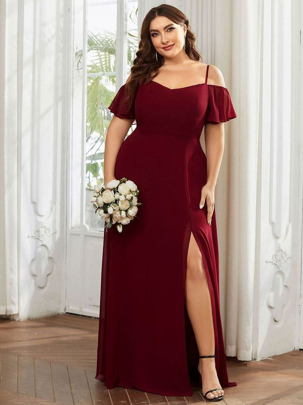Stylish Cold Shoulder Flare Sleeves Flowy Bridesmaid Dress #color_Golden Roses ever REYA|Cold Shoulder High Slit Chiffon Wedding Guest Dress
