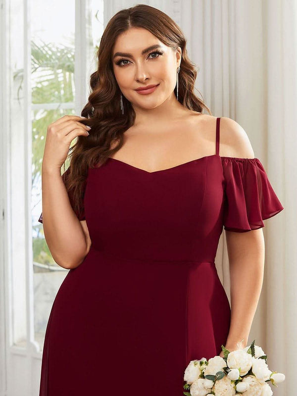 Stylish Cold Shoulder Flare Sleeves Flowy Bridesmaid Dress #color_Golden Roses ever REYA|Cold Shoulder High Slit Chiffon Wedding Guest Dress