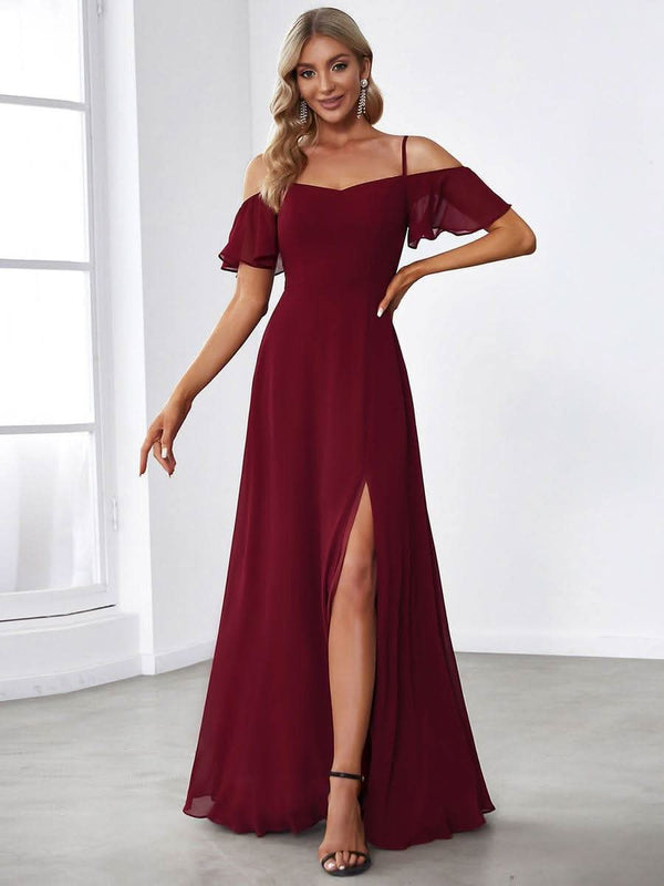 Stylish Cold Shoulder Flare Sleeves Flowy Bridesmaid Dress #color_Golden Roses ever REYA|Cold Shoulder High Slit Chiffon Wedding Guest Dress