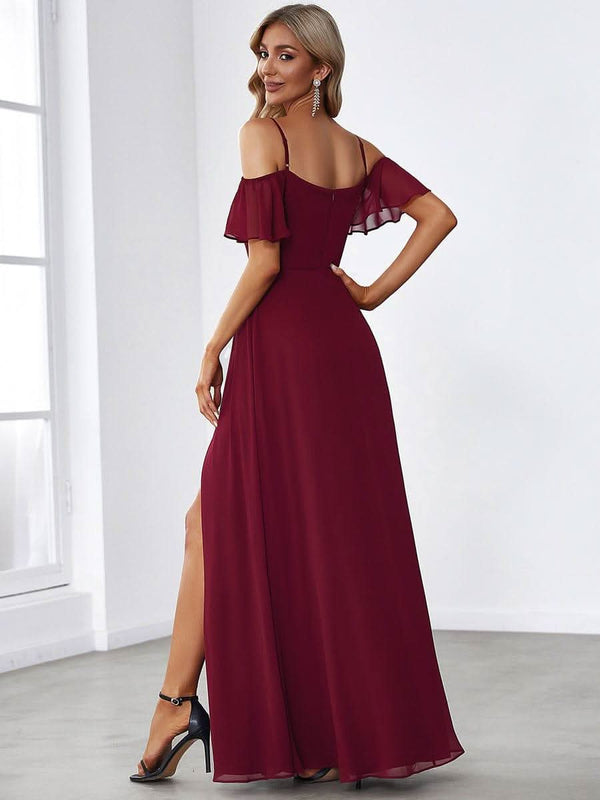 Stylish Cold Shoulder Flare Sleeves Flowy Bridesmaid Dress #color_Golden Roses ever REYA|Cold Shoulder High Slit Chiffon Wedding Guest Dress