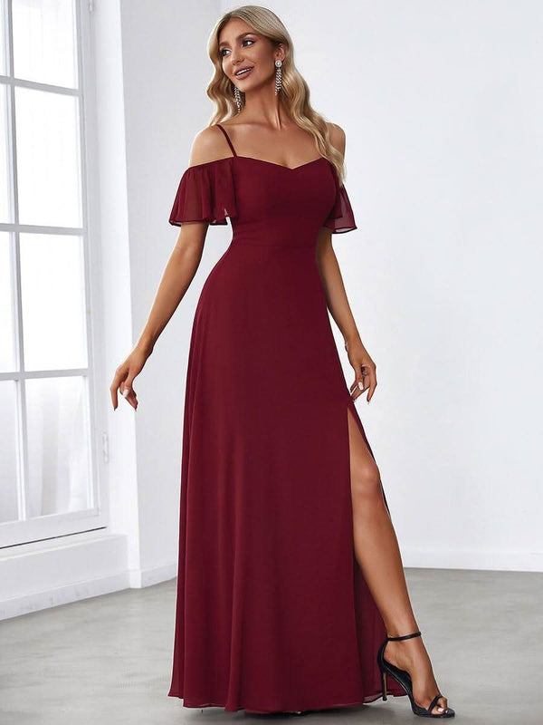 Stylish Cold Shoulder Flare Sleeves Flowy Bridesmaid Dress #color_Golden Roses ever REYA|Cold Shoulder High Slit Chiffon Wedding Guest Dress