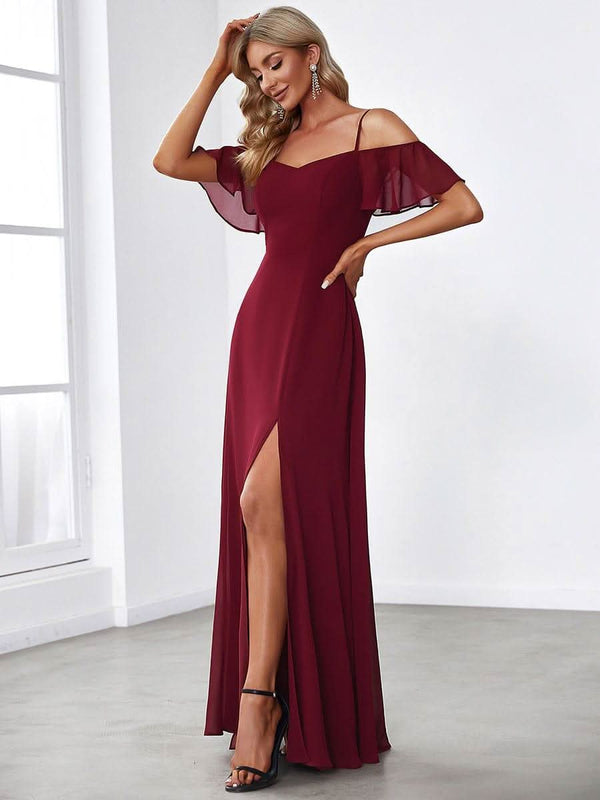 Stylish Cold Shoulder Flare Sleeves Flowy Bridesmaid Dress #color_Golden Roses ever REYA|Cold Shoulder High Slit Chiffon Wedding Guest Dress