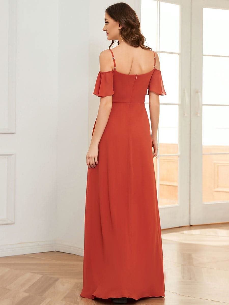 Stylish Cold Shoulder Flare Sleeves Flowy Bridesmaid Dress #color_Burnt Orange