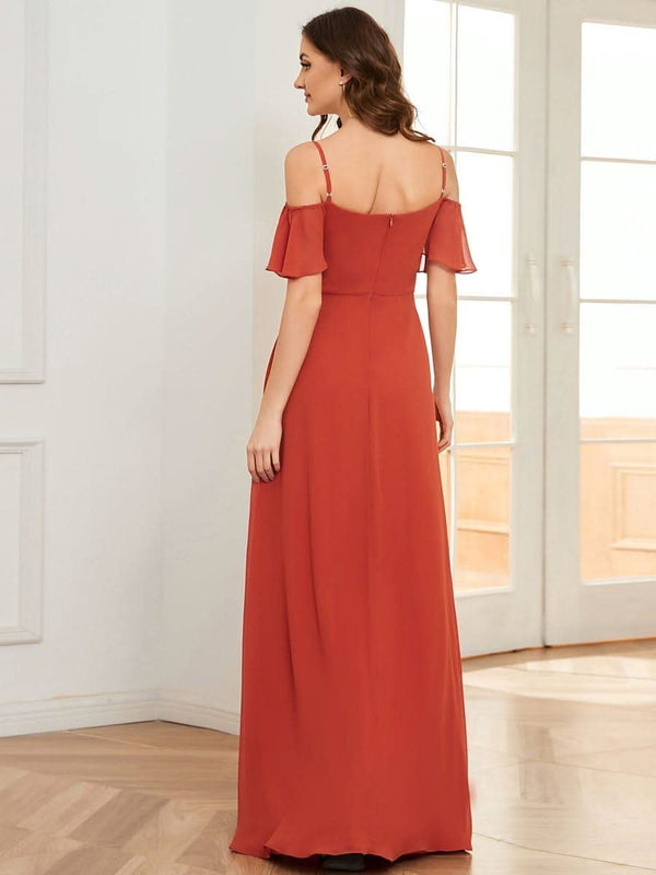 Stylish Cold Shoulder Flare Sleeves Flowy Bridesmaid Dress #color_Golden Roses ever REYA|Cold Shoulder High Slit Chiffon Wedding Guest Dress