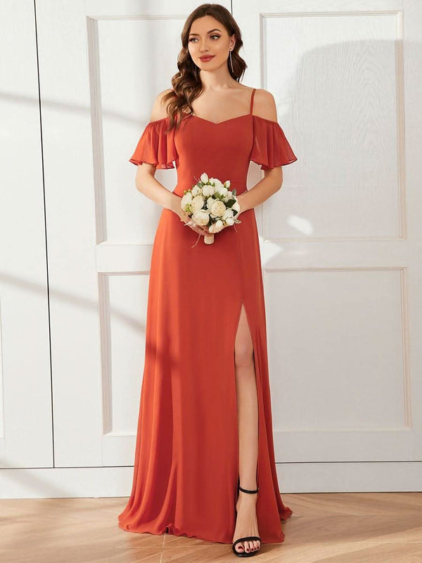 Stylish Cold Shoulder Flare Sleeves Flowy Bridesmaid Dress #color_Golden Roses ever REYA|Cold Shoulder High Slit Chiffon Wedding Guest Dress