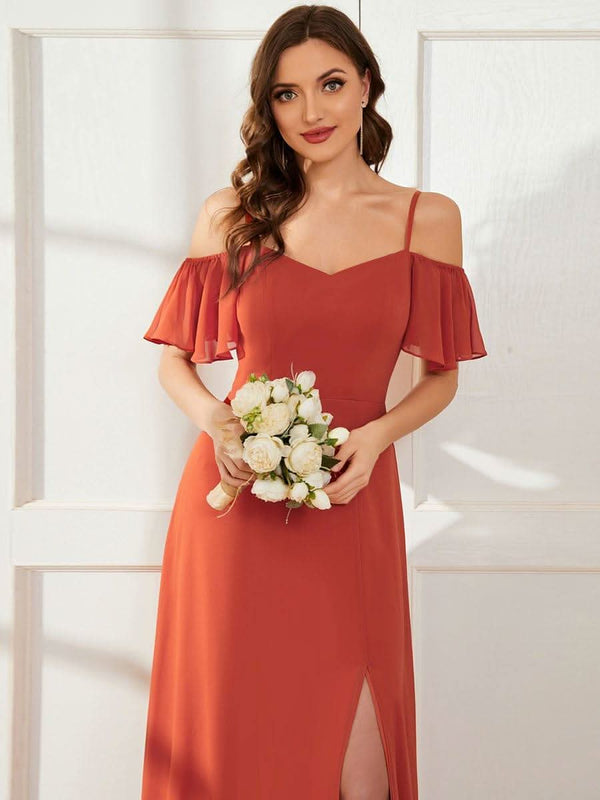 Stylish Cold Shoulder Flare Sleeves Flowy Bridesmaid Dress #color_Golden Roses ever REYA|Cold Shoulder High Slit Chiffon Wedding Guest Dress