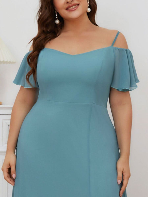 Stylish Cold Shoulder Flare Sleeves Flowy Bridesmaid Dress #color_Golden Roses ever REYA|Cold Shoulder High Slit Chiffon Wedding Guest Dress