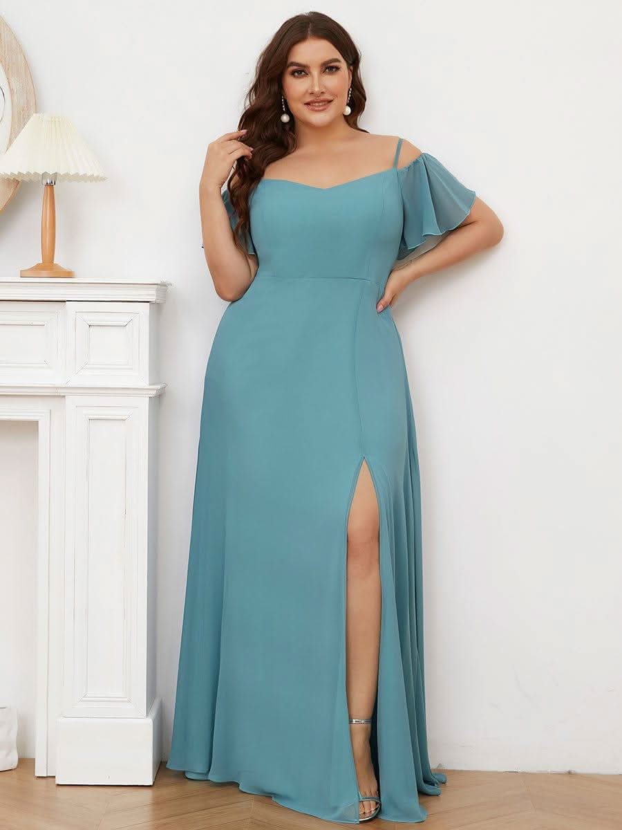 Stylish Cold Shoulder Flare Sleeves Flowy Bridesmaid Dress #color_Light Teal