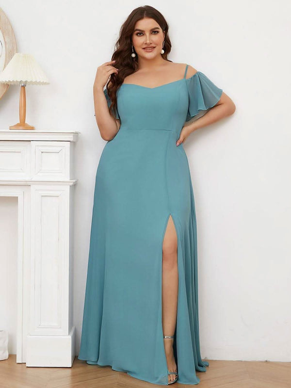 Stylish Cold Shoulder Flare Sleeves Flowy Bridesmaid Dress #color_Golden Roses ever REYA|Cold Shoulder High Slit Chiffon Wedding Guest Dress