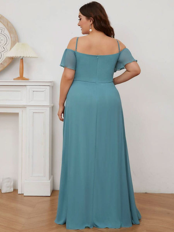 Stylish Cold Shoulder Flare Sleeves Flowy Bridesmaid Dress #color_Golden Roses ever REYA|Cold Shoulder High Slit Chiffon Wedding Guest Dress