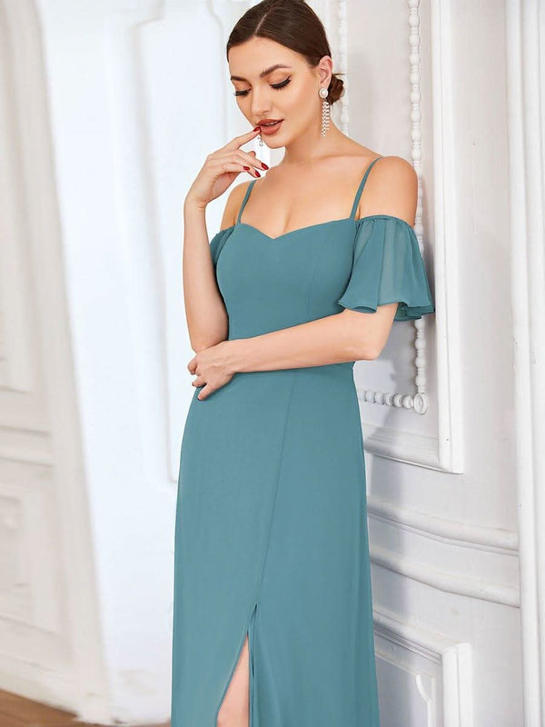 Stylish Cold Shoulder Flare Sleeves Flowy Bridesmaid Dress #color_Golden Roses ever REYA|Cold Shoulder High Slit Chiffon Wedding Guest Dress