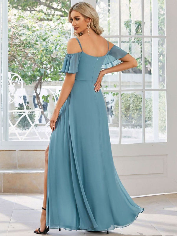 Stylish Cold Shoulder Flare Sleeves Flowy Bridesmaid Dress #color_Golden Roses ever REYA|Cold Shoulder High Slit Chiffon Wedding Guest Dress