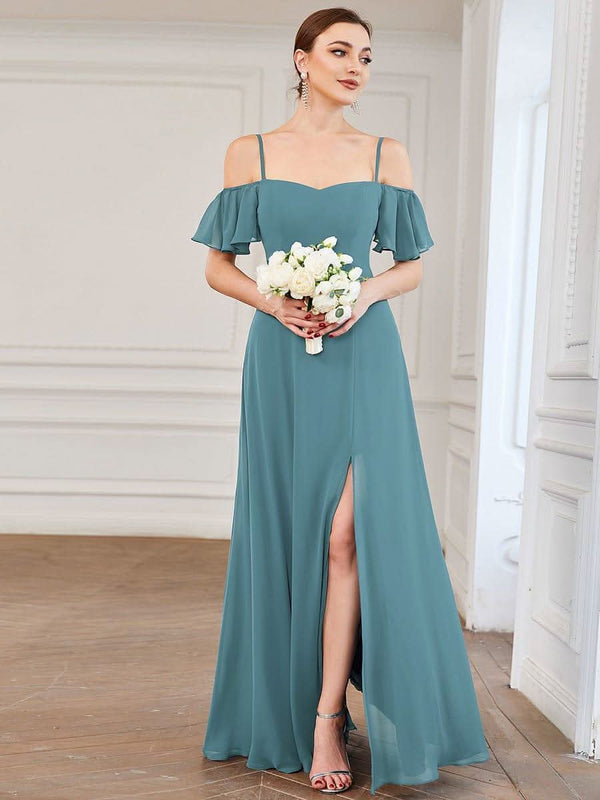 Stylish Cold Shoulder Flare Sleeves Flowy Bridesmaid Dress #color_Golden Roses ever REYA|Cold Shoulder High Slit Chiffon Wedding Guest Dress