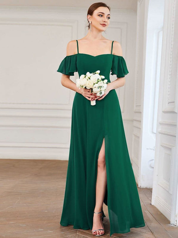 Stylish Cold Shoulder Flare Sleeves Flowy Bridesmaid Dress #color_Golden Roses ever REYA|Cold Shoulder High Slit Chiffon Wedding Guest Dress