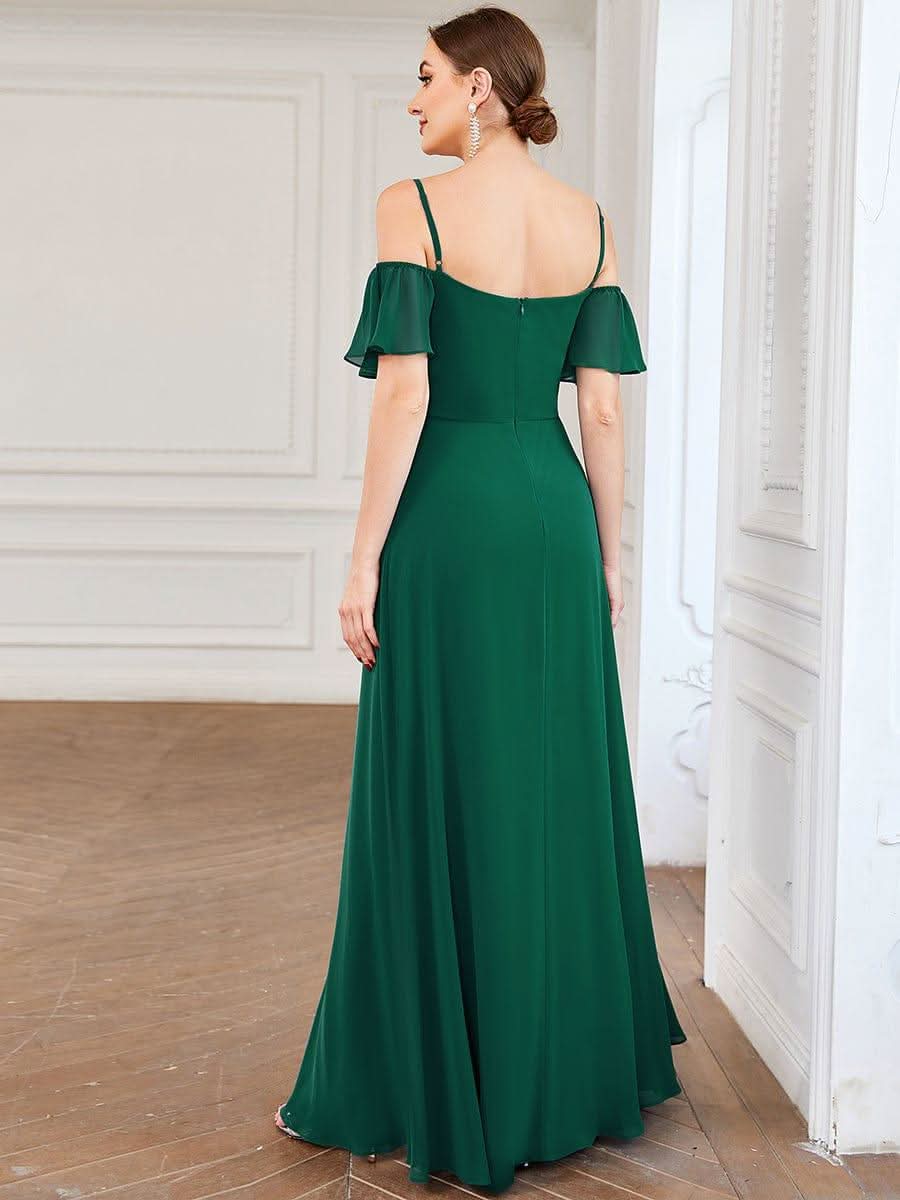Stylish Cold Shoulder Flare Sleeves Flowy Bridesmaid Dress #color_Dark Green