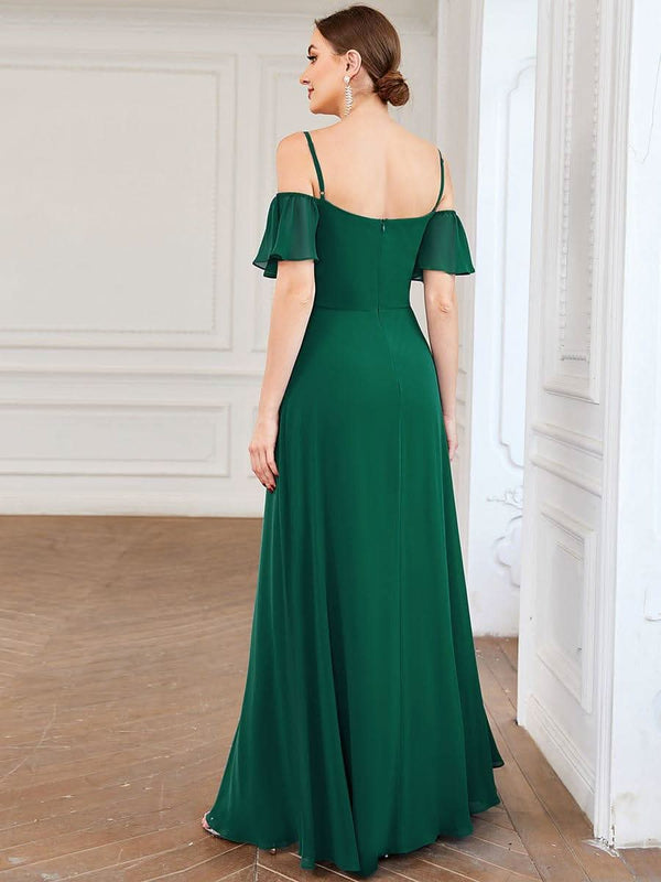 Stylish Cold Shoulder Flare Sleeves Flowy Bridesmaid Dress #color_Golden Roses ever REYA|Cold Shoulder High Slit Chiffon Wedding Guest Dress