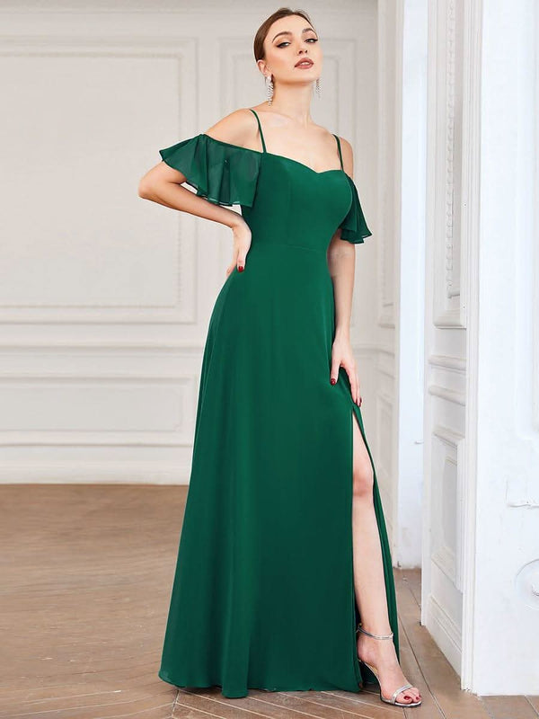 Stylish Cold Shoulder Flare Sleeves Flowy Bridesmaid Dress #color_Golden Roses ever REYA|Cold Shoulder High Slit Chiffon Wedding Guest Dress