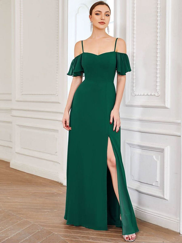 Stylish Cold Shoulder Flare Sleeves Flowy Bridesmaid Dress #color_Golden Roses ever REYA|Cold Shoulder High Slit Chiffon Wedding Guest Dress