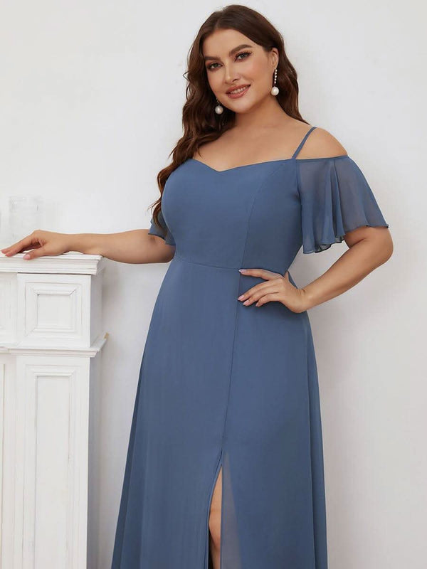 Stylish Cold Shoulder Flare Sleeves Flowy Bridesmaid Dress #color_Golden Roses ever REYA|Cold Shoulder High Slit Chiffon Wedding Guest Dress