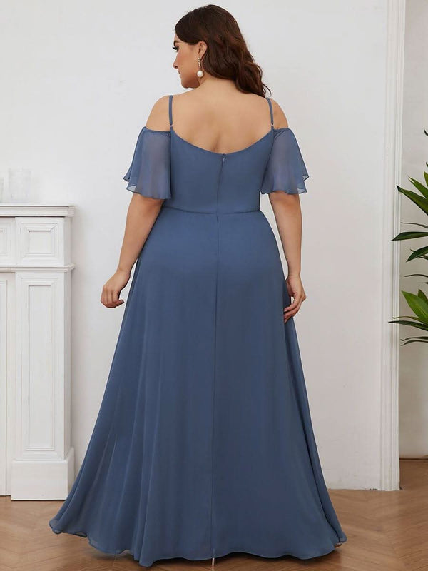 Stylish Cold Shoulder Flare Sleeves Flowy Bridesmaid Dress #color_Golden Roses ever REYA|Cold Shoulder High Slit Chiffon Wedding Guest Dress