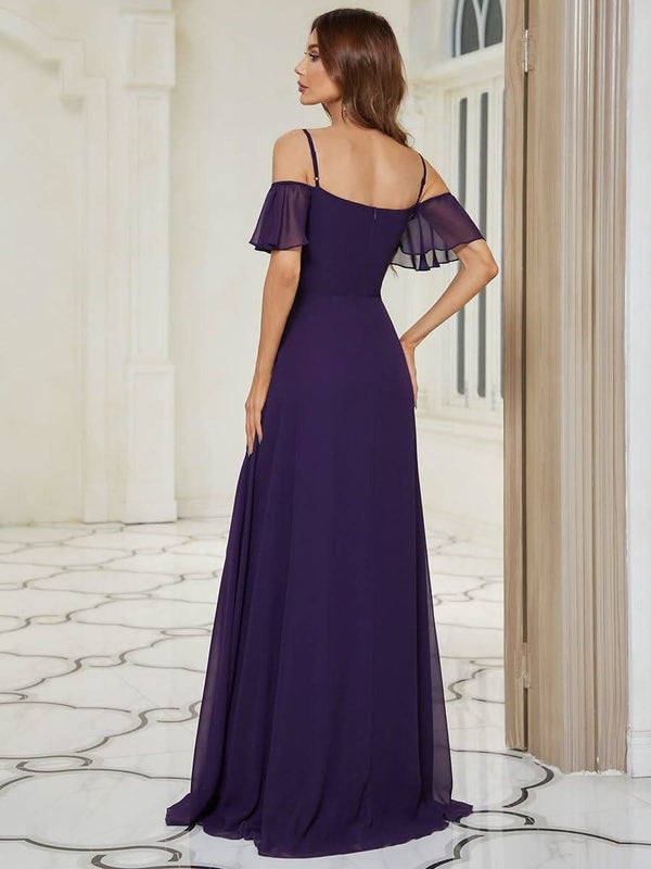 Stylish Cold Shoulder Flare Sleeves Flowy Bridesmaid Dress #color_Golden Roses ever REYA|Cold Shoulder High Slit Chiffon Wedding Guest Dress