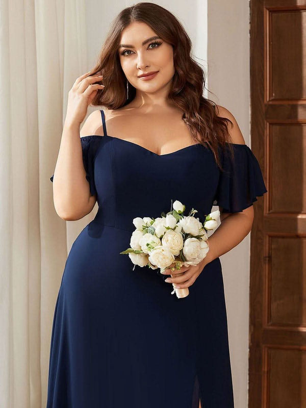 Stylish Cold Shoulder Flare Sleeves Flowy Bridesmaid Dress #color_Golden Roses ever REYA|Cold Shoulder High Slit Chiffon Wedding Guest Dress