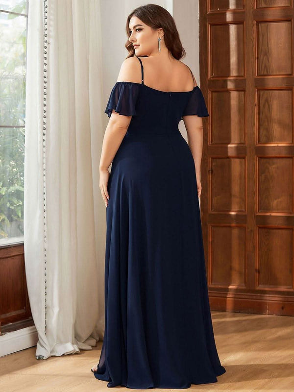 Stylish Cold Shoulder Flare Sleeves Flowy Bridesmaid Dress #color_Golden Roses ever REYA|Cold Shoulder High Slit Chiffon Wedding Guest Dress