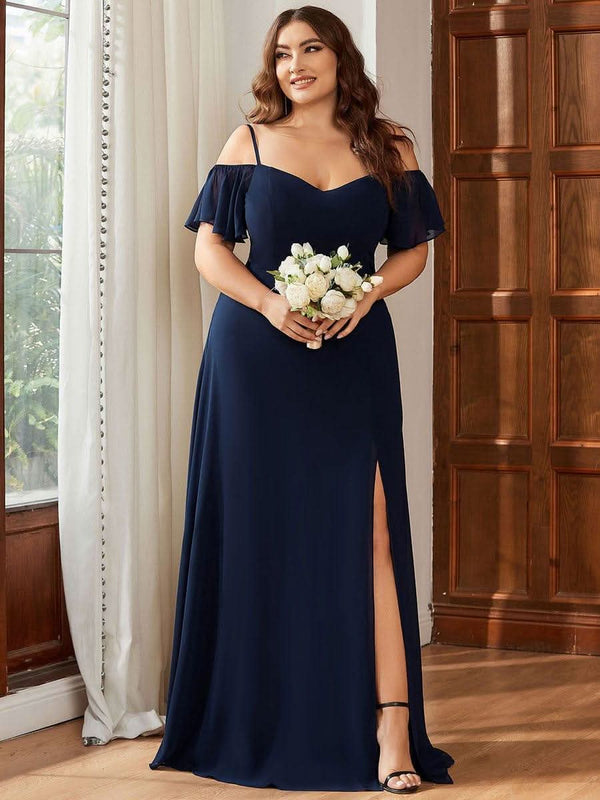 Stylish Cold Shoulder Flare Sleeves Flowy Bridesmaid Dress #color_Golden Roses ever REYA|Cold Shoulder High Slit Chiffon Wedding Guest Dress