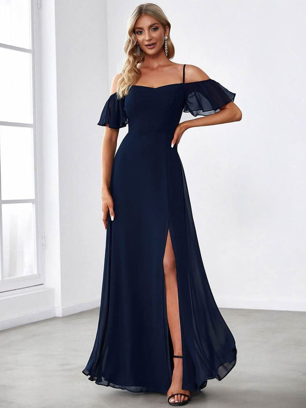 Stylish Cold Shoulder Flare Sleeves Flowy Bridesmaid Dress #color_Golden Roses ever REYA|Cold Shoulder High Slit Chiffon Wedding Guest Dress