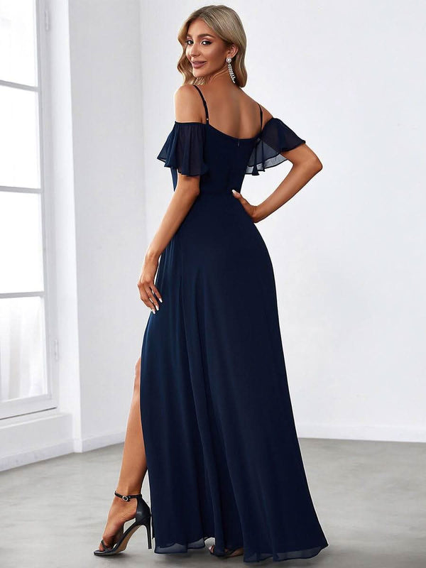 Stylish Cold Shoulder Flare Sleeves Flowy Bridesmaid Dress #color_Golden Roses ever REYA|Cold Shoulder High Slit Chiffon Wedding Guest Dress