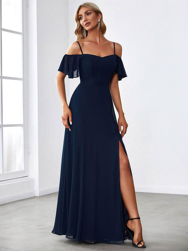 Stylish Cold Shoulder Flare Sleeves Flowy Bridesmaid Dress #color_Golden Roses ever REYA|Cold Shoulder High Slit Chiffon Wedding Guest Dress