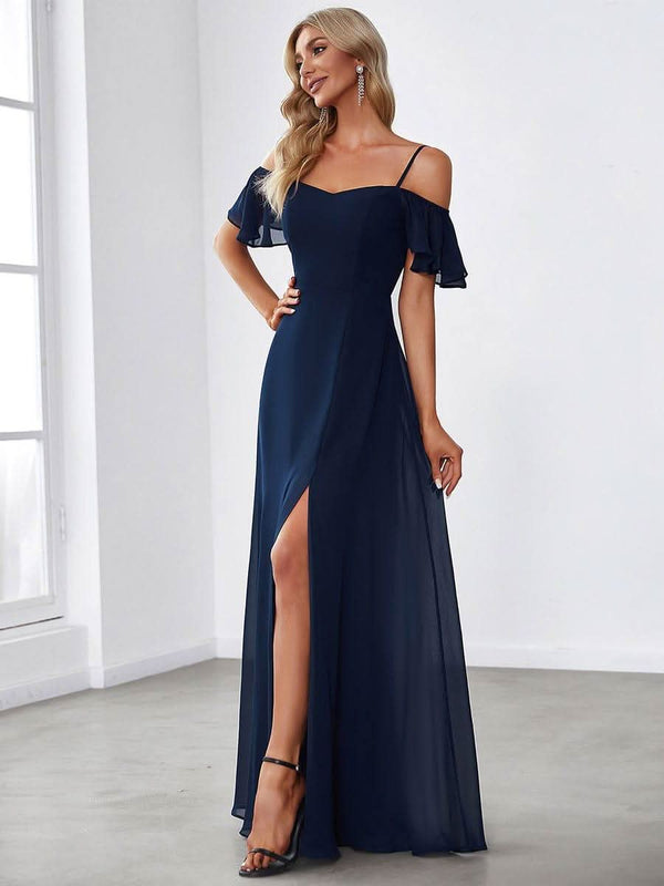 Stylish Cold Shoulder Flare Sleeves Flowy Bridesmaid Dress #color_Golden Roses ever REYA|Cold Shoulder High Slit Chiffon Wedding Guest Dress