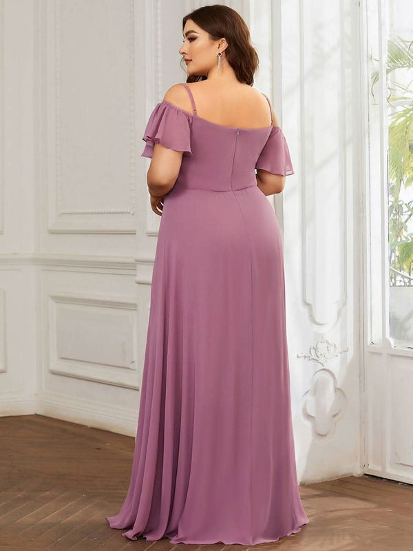 Stylish Cold Shoulder Flare Sleeves Flowy Bridesmaid Dress #color_Golden Roses ever REYA|Cold Shoulder High Slit Chiffon Wedding Guest Dress
