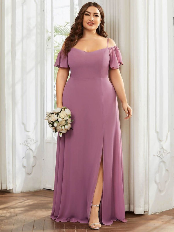 Stylish Cold Shoulder Flare Sleeves Flowy Bridesmaid Dress #color_Golden Roses ever REYA|Cold Shoulder High Slit Chiffon Wedding Guest Dress