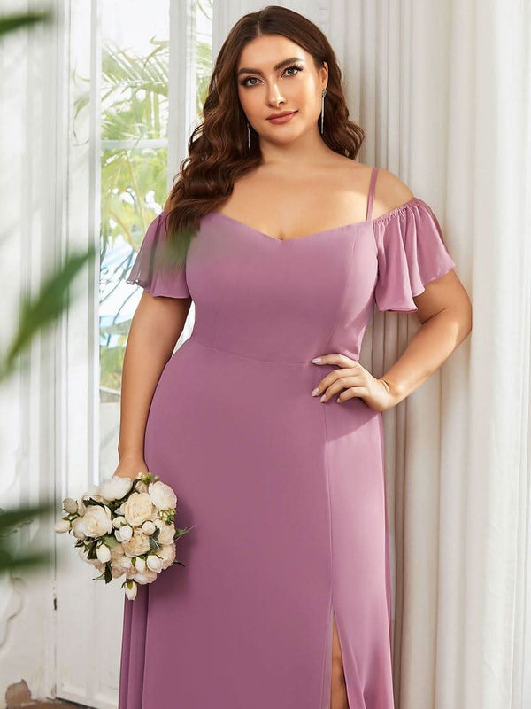 Stylish Cold Shoulder Flare Sleeves Flowy Bridesmaid Dress #color_Golden Roses ever REYA|Cold Shoulder High Slit Chiffon Wedding Guest Dress