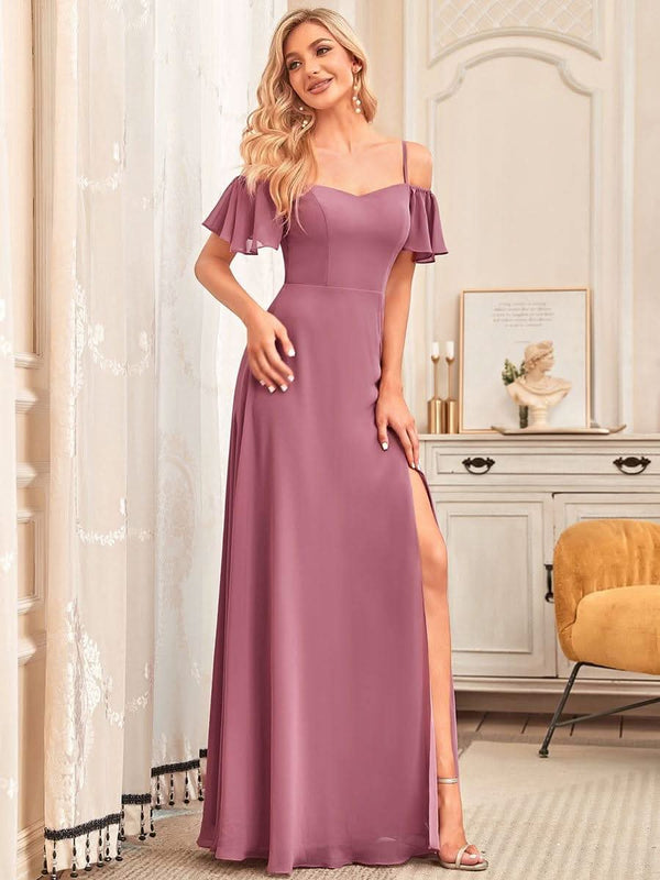 Stylish Cold Shoulder Flare Sleeves Flowy Bridesmaid Dress #color_Golden Roses ever REYA|Cold Shoulder High Slit Chiffon Wedding Guest Dress