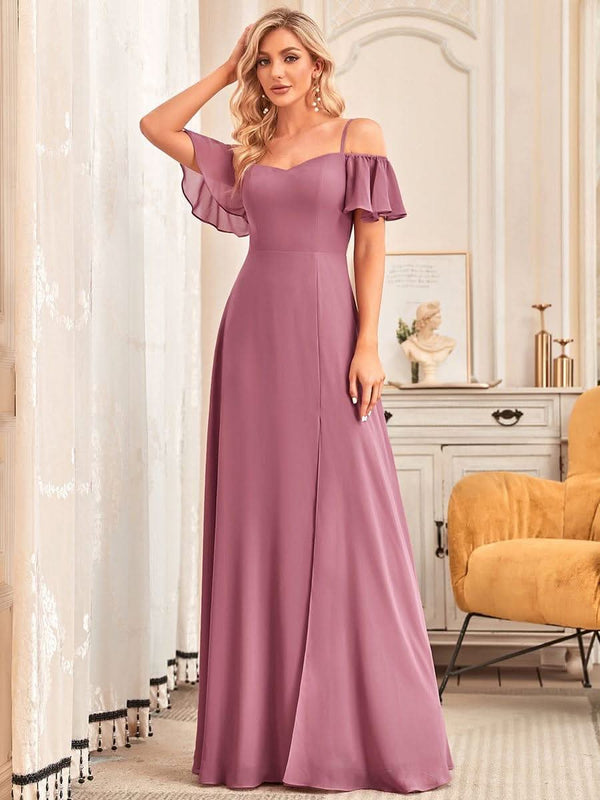 Stylish Cold Shoulder Flare Sleeves Flowy Bridesmaid Dress #color_Golden Roses ever REYA|Cold Shoulder High Slit Chiffon Wedding Guest Dress