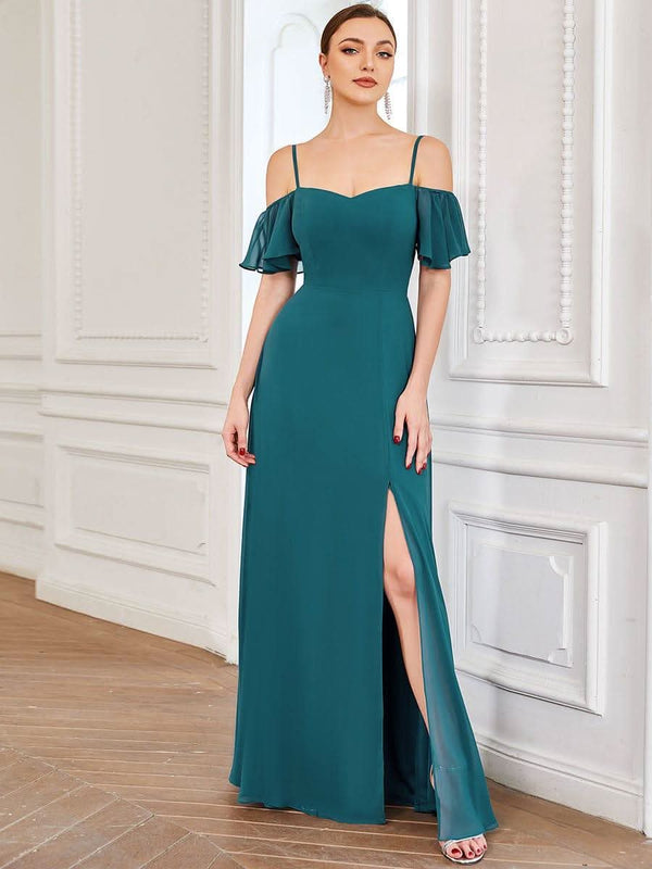 Stylish Cold Shoulder Flare Sleeves Flowy Bridesmaid Dress #color_Golden Roses ever REYA|Cold Shoulder High Slit Chiffon Wedding Guest Dress