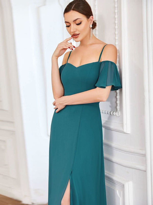 Stylish Cold Shoulder Flare Sleeves Flowy Bridesmaid Dress #color_Golden Roses ever REYA|Cold Shoulder High Slit Chiffon Wedding Guest Dress