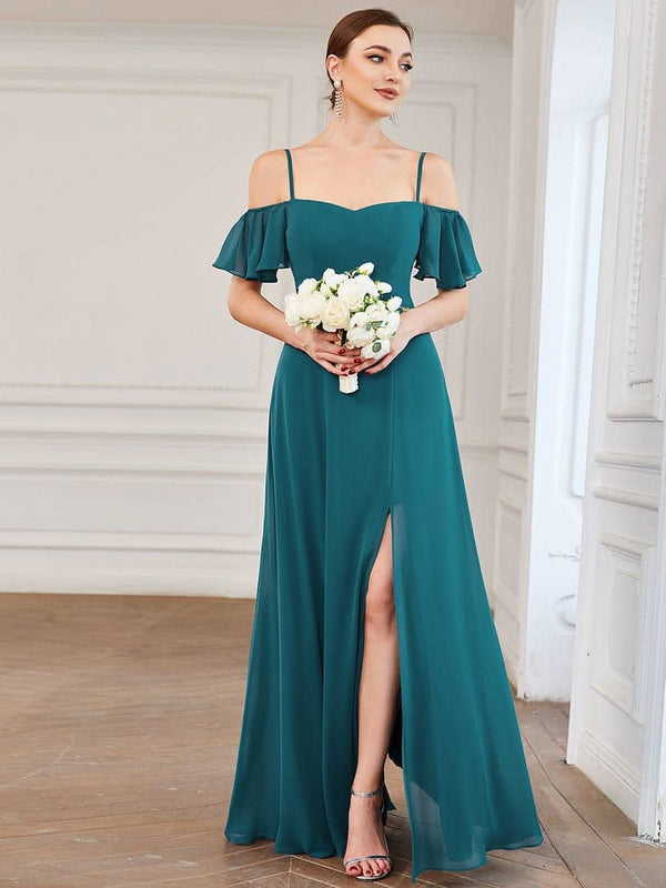 Stylish Cold Shoulder Flare Sleeves Flowy Bridesmaid Dress #color_Golden Roses ever REYA|Cold Shoulder High Slit Chiffon Wedding Guest Dress