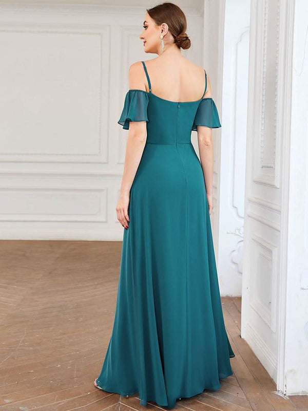 Stylish Cold Shoulder Flare Sleeves Flowy Bridesmaid Dress #color_Golden Roses ever REYA|Cold Shoulder High Slit Chiffon Wedding Guest Dress